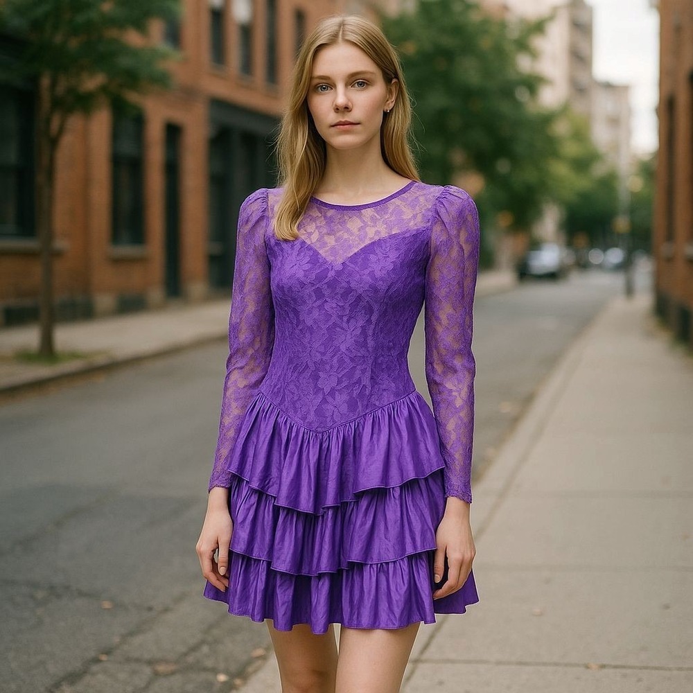 Vintage‎ 80s Exposed Purple Lace Vintage Prom Dress Tiered Ruffle Skirt Sz 7